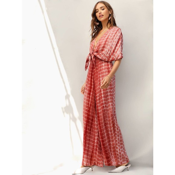 70s style Plunging Neck Knot Front Tie Dye Palazzo Jumpsuit orange - Picture 3 of 5